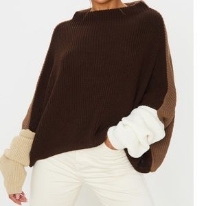 PLT Brown Oversized Colour Block Sweater